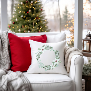 Decorative Christmas Pillow with Elegant Wreath Design – White Poinsettias, Holly & Greenery – Festive Holiday Throw Pillow with Insert Included -  18x18