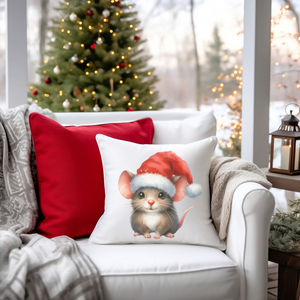 Christmas Decorative Pillow with Cute Mouse in Santa Hat – Festive Holiday Throw Pillow – White Polyester with Insert Included - 18x18