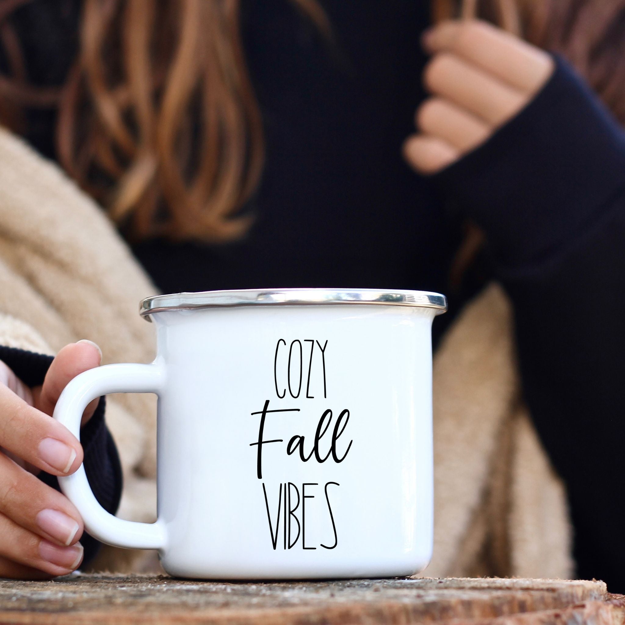 Picture of 11oz. Enamel White Coffee mug with Cozy Fall Vibes in black letters