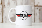 Load image into Gallery viewer, Picture of all White 11 ounce coffee mug with Top Dad, movie inspired Top Gun logo In red and black colors.
