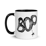 Load image into Gallery viewer, Picture of 11oz Black Handle Coffee Mug with Boo graphic for Halloween. A black Spider hangs from the &quot;o&quot; 
