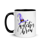 Load image into Gallery viewer, Picture of 11oz Black Handle Coffee Mug with Witches Brew graphic for Halloween. Witches Hat is Purple.
