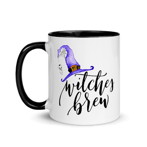 Picture of 11oz Black Handle Coffee Mug with Witches Brew graphic for Halloween. Witches Hat is Purple.