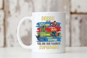 Picture of our All White 11oz Coffee Mug with Graphic Superheros Iron Man, Hulk, Superman and Batman perfect for Fathers Day