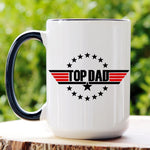 Load image into Gallery viewer, Picture of White coffee mug with a Black handle and Black rim,15 ounce coffee mug with Top Dad, movie inspired Top Gun logo in Red and Black colors.
