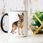 Load image into Gallery viewer, Picture of our 15oz Black Handle Coffee Mug with picture of your pet on front of mug.
