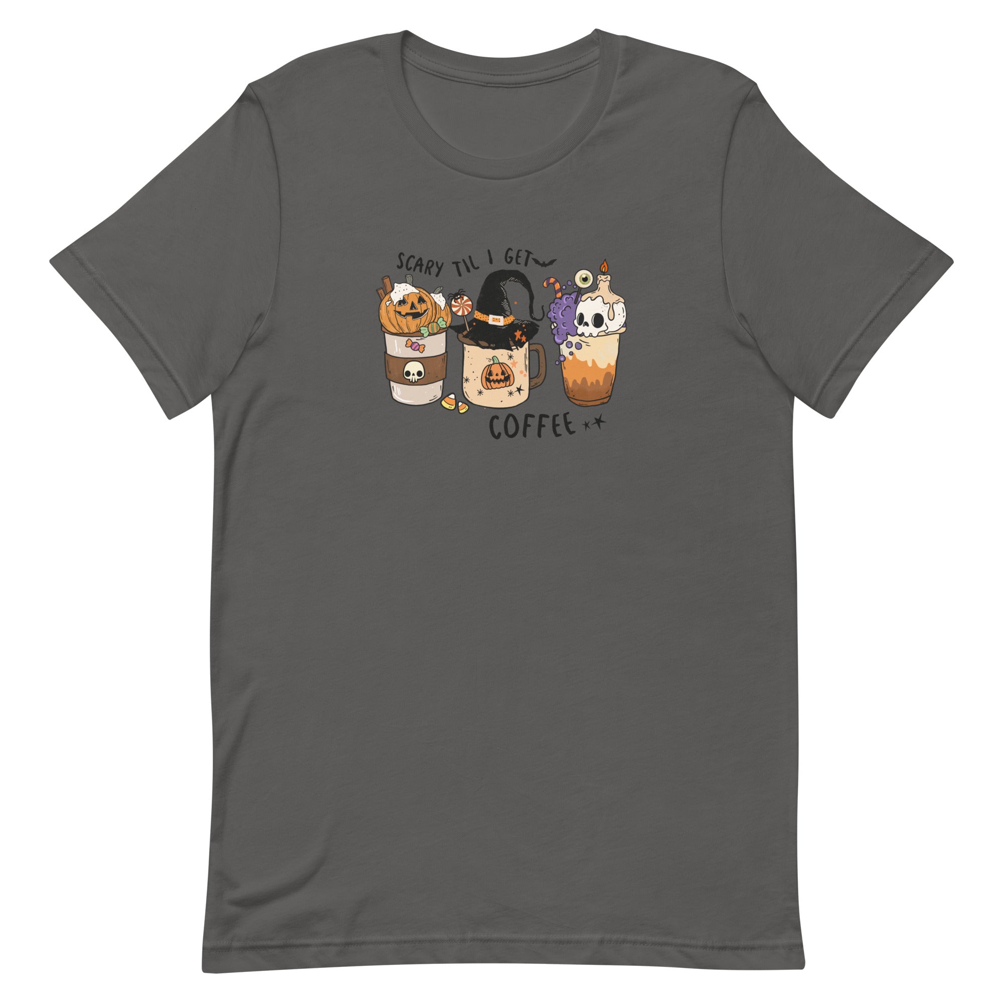 Asphalt colored women's t-shirt for halloween with graphic of three coffee drinks, one with a pumpkin, the center with a witches hat and the last with a skull candle.