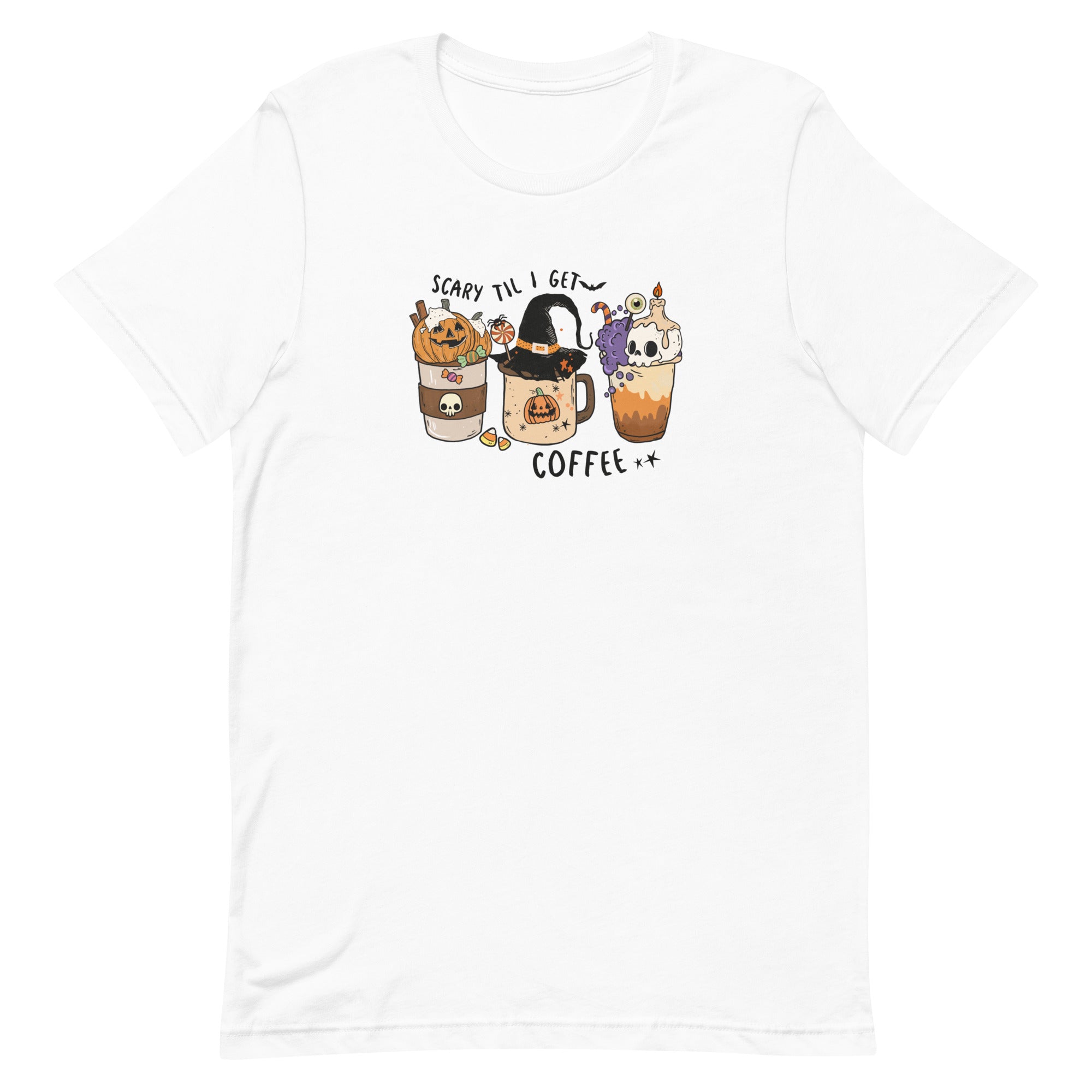 White women's t-shirt for halloween with graphic of three coffee drinks, one with a pumpkin, the center with a witches hat and the last with a skull candle.